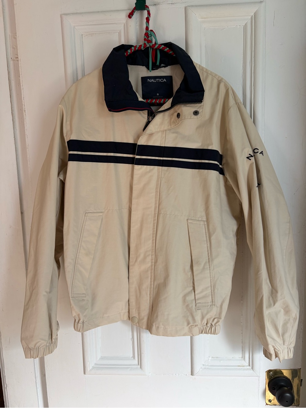 Nautica Men’s Light Beige Windbreaker Jacket with Navy Stripes